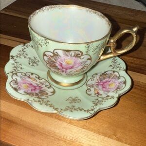 Lefton Green and Gold Floral Teacup and Saucer Set